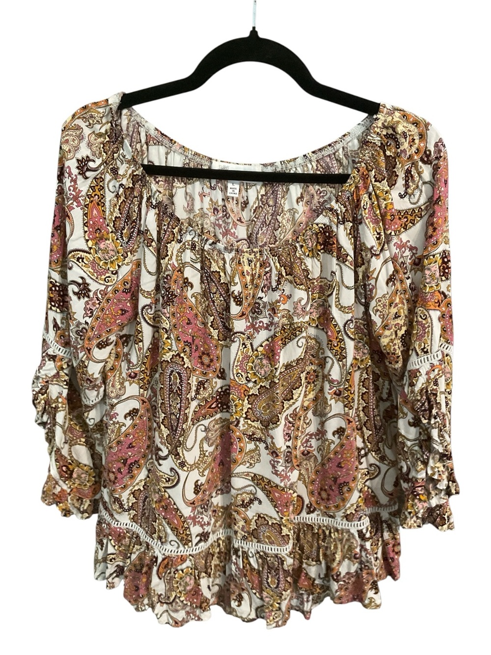 Fever Boho Paisley Peasant Blouse Size L 100% Rayon Ruffle Hem A33 - Picture 2 of 6